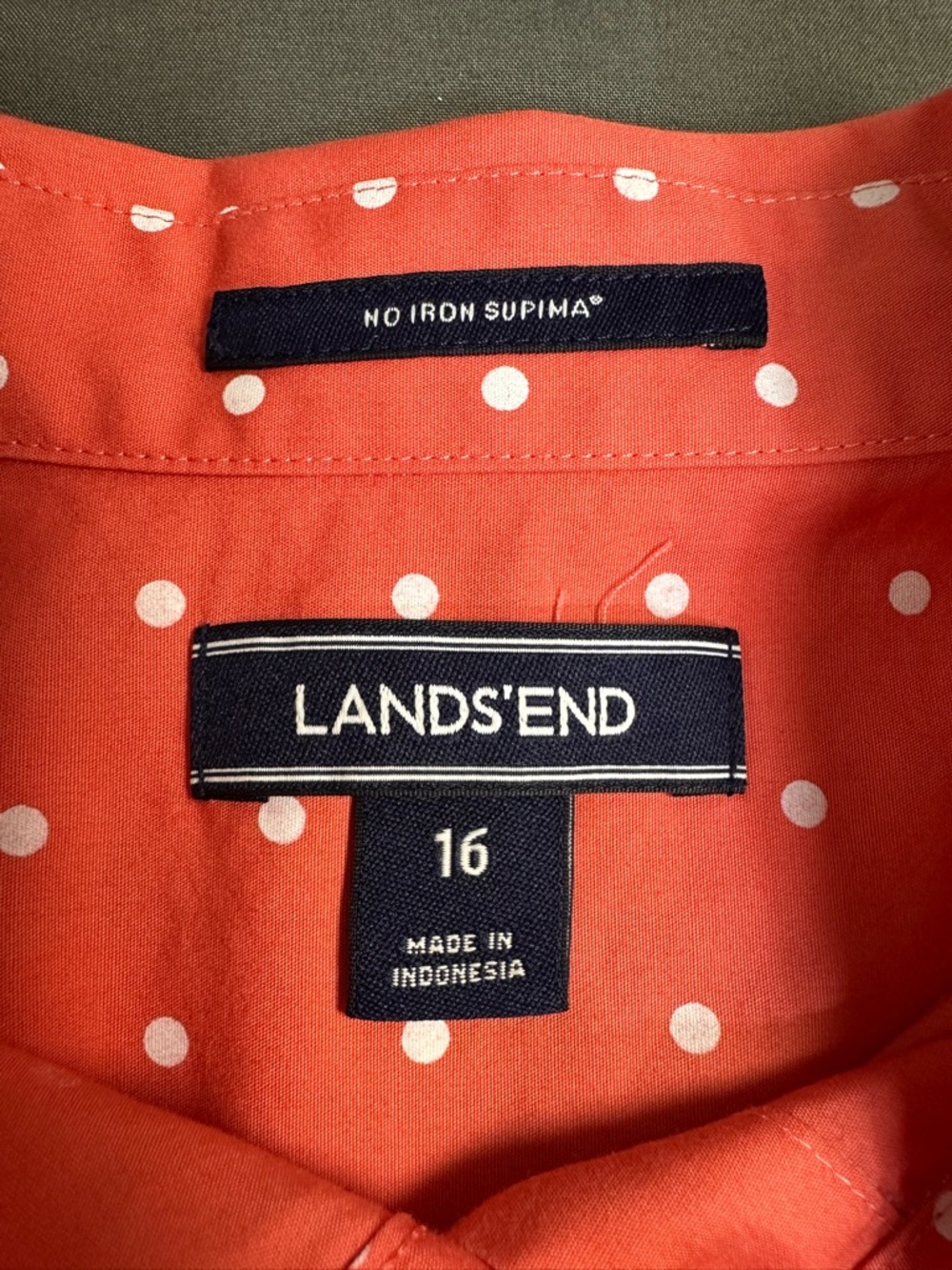 Lands' End Sleeveless Polka Dot Button-Down Blouse - Coral/White - Size 16 - Picture 3 of 8